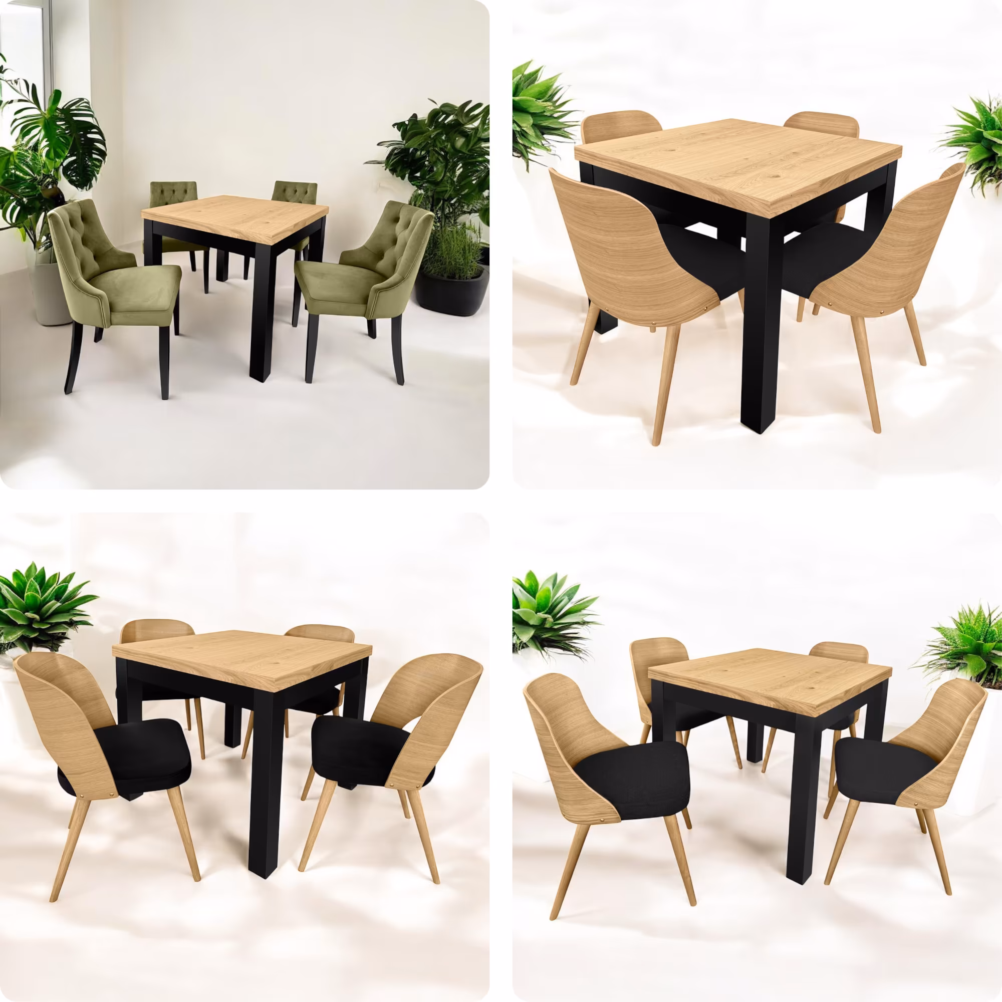 stół kwadrat rozkładany Mini-Max 80 90 100, blat dębowy, nogi czarne, kolaż