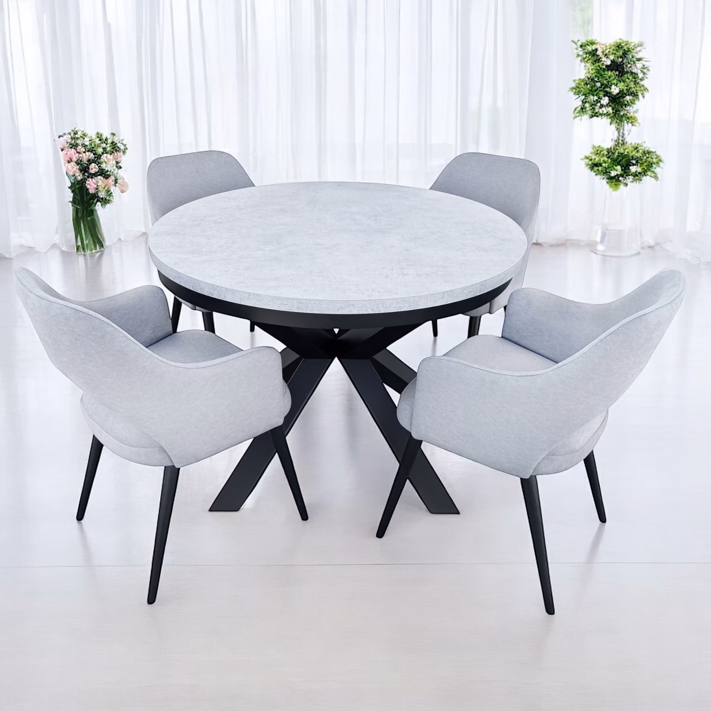 okrągły stół do salonu - nowoczesny z krzesłami, blat szary beton, aranżacja w salonie 2