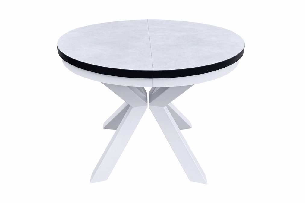okrągły stół do salonu - nowoczesny, blat szary beton, nogi białe - ujęcie na białym tle