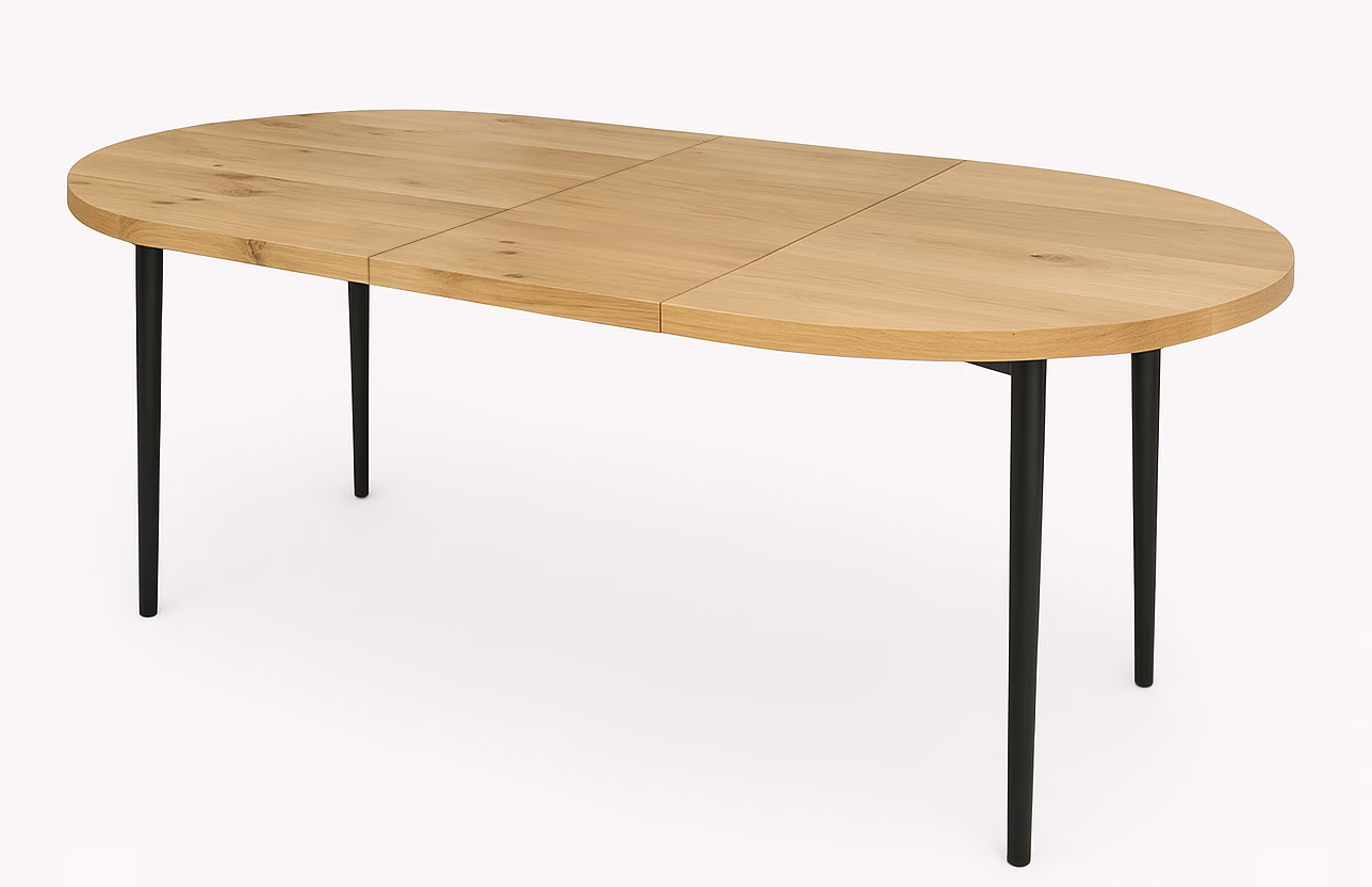 okrągły stół z prostymi nogami w kolorze czarnym i dębowym blatem rozłożony