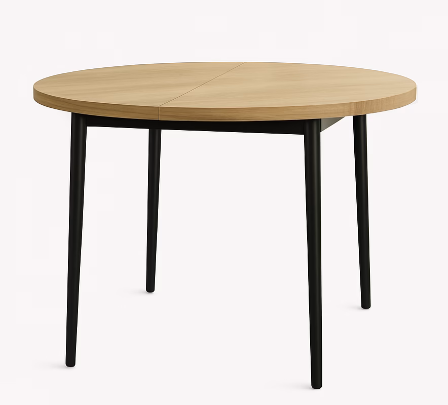 okrągły stół z prostymi nogami w kolorze czarnym i dębowym blatem - ujęcie z bliska na białym tle