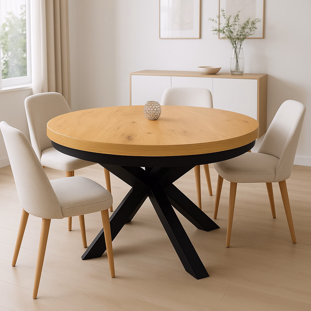 stół okrągły rozkładany Okrągły X w stylu loft, nogi metalowe, blat dębowy - w aranżacji wnętrza - zdjęcie główne