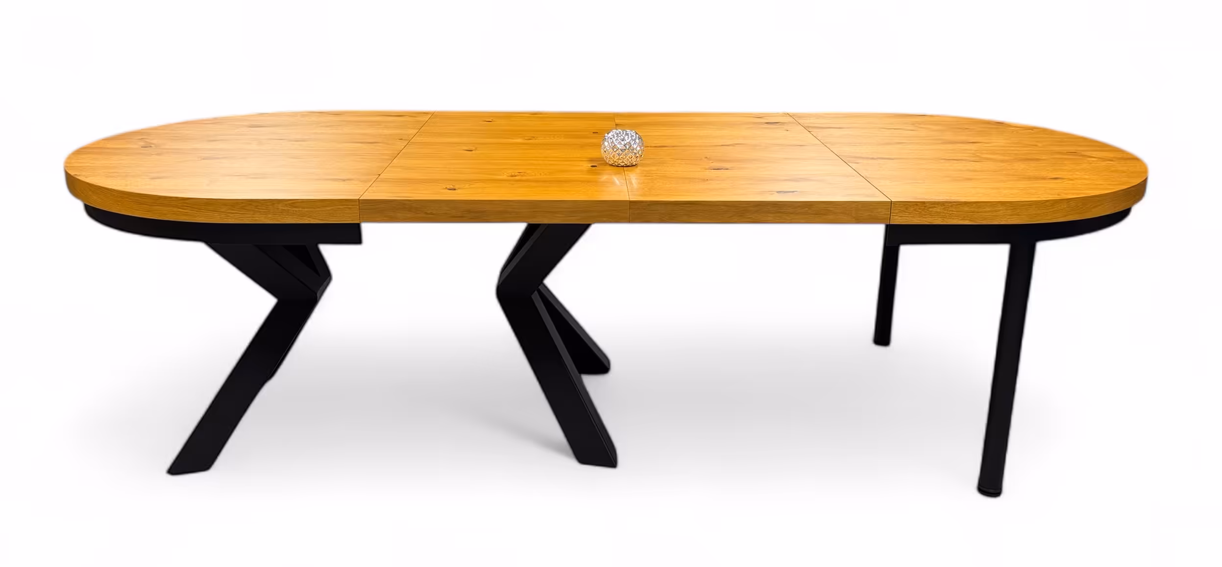 stół loftowy owalny X, rozkładany, blat dębowy, nogi metalowe czarne, system rozkładania z dwoma wkładami