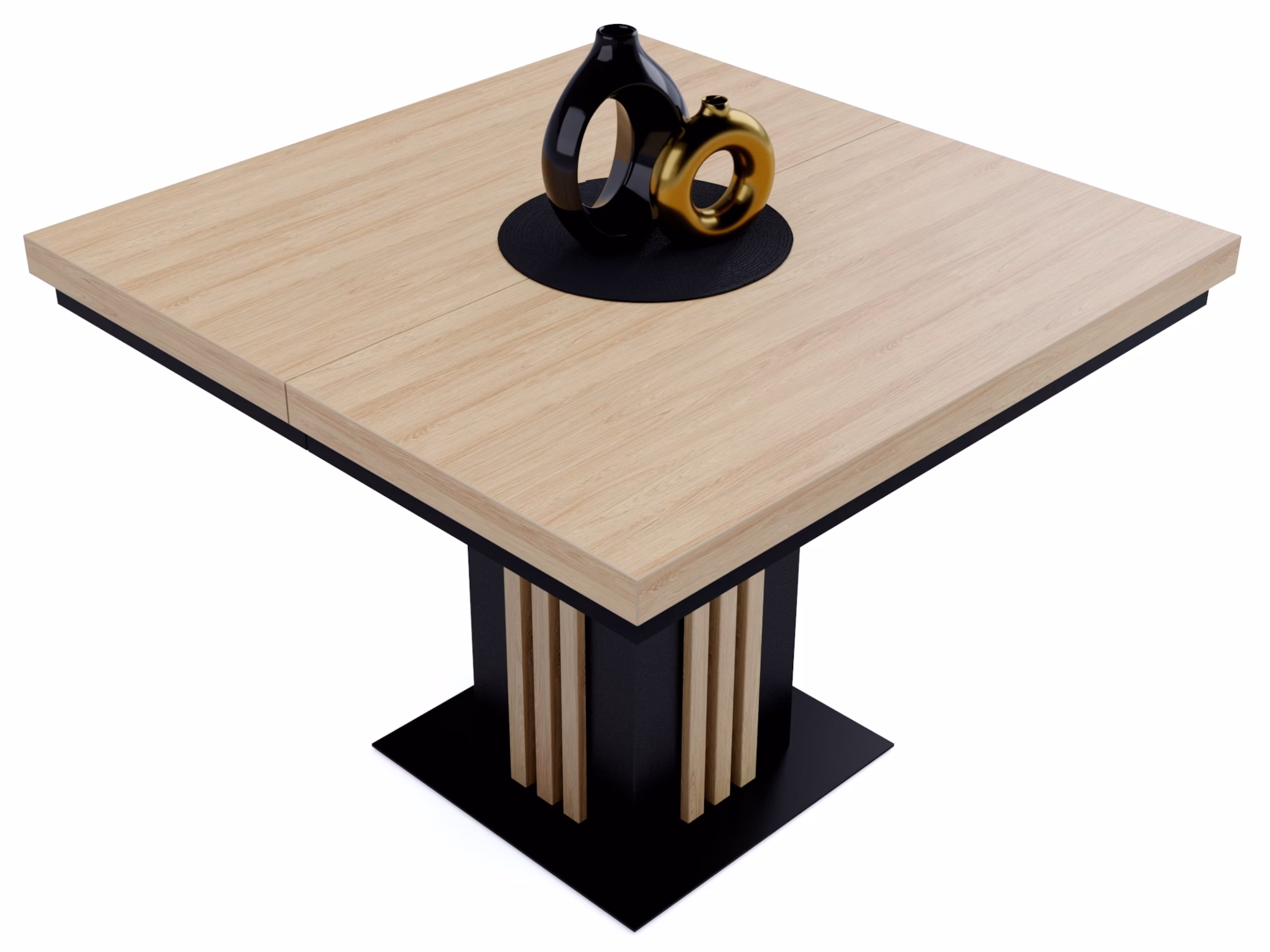 stół kwadratowy z lamelami, blat hikora naturalna, nogi w kolorze czarnym, ujęcie na blat