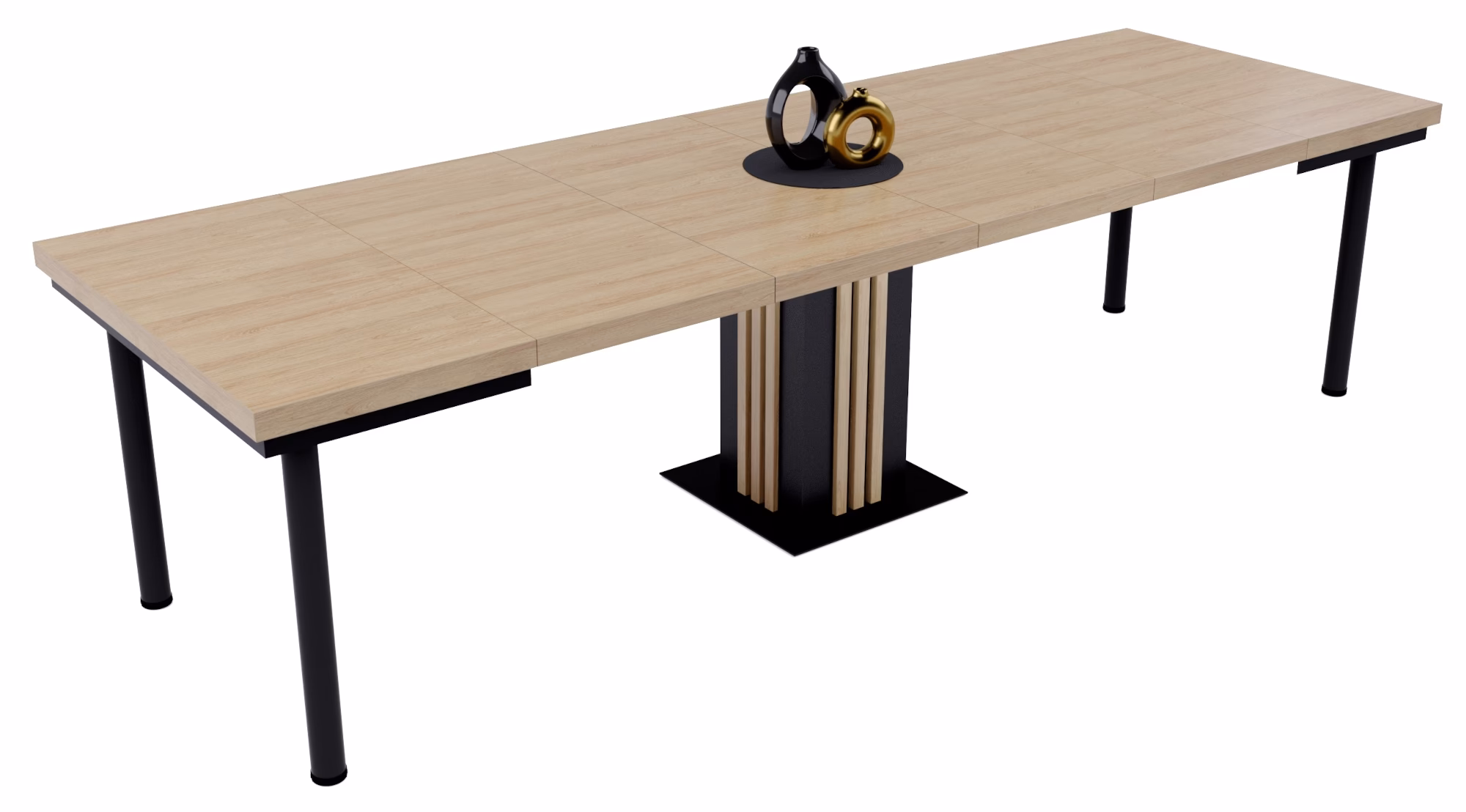 stół kwadratowy z lamelami, blat hikora naturalna, nogi w kolorze czarnym, zdjęcie rozłożonego