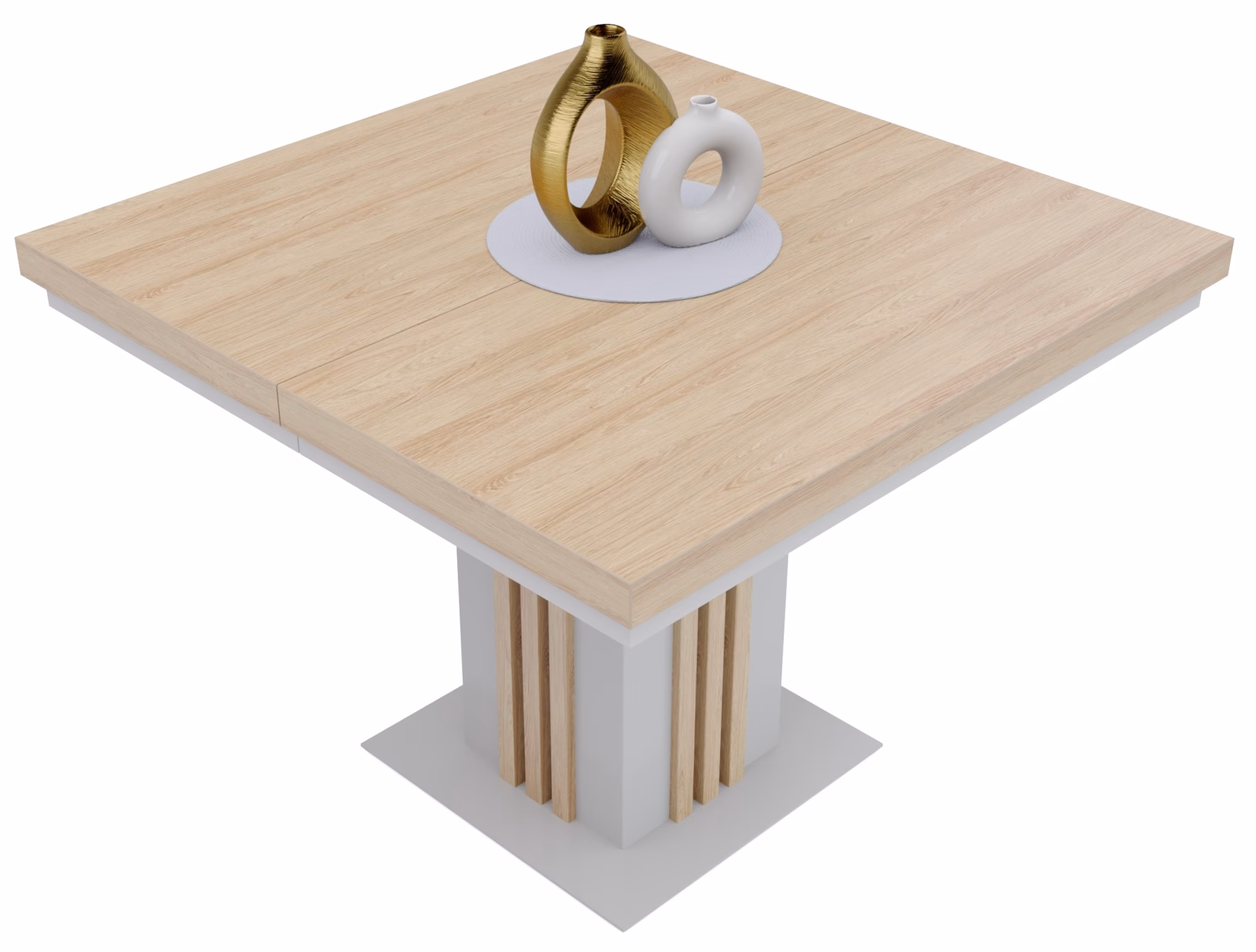 stół kwadratowy z lamelami, blat hikora naturalna, nogi w kolorze kaszmir, ujęcie na blat