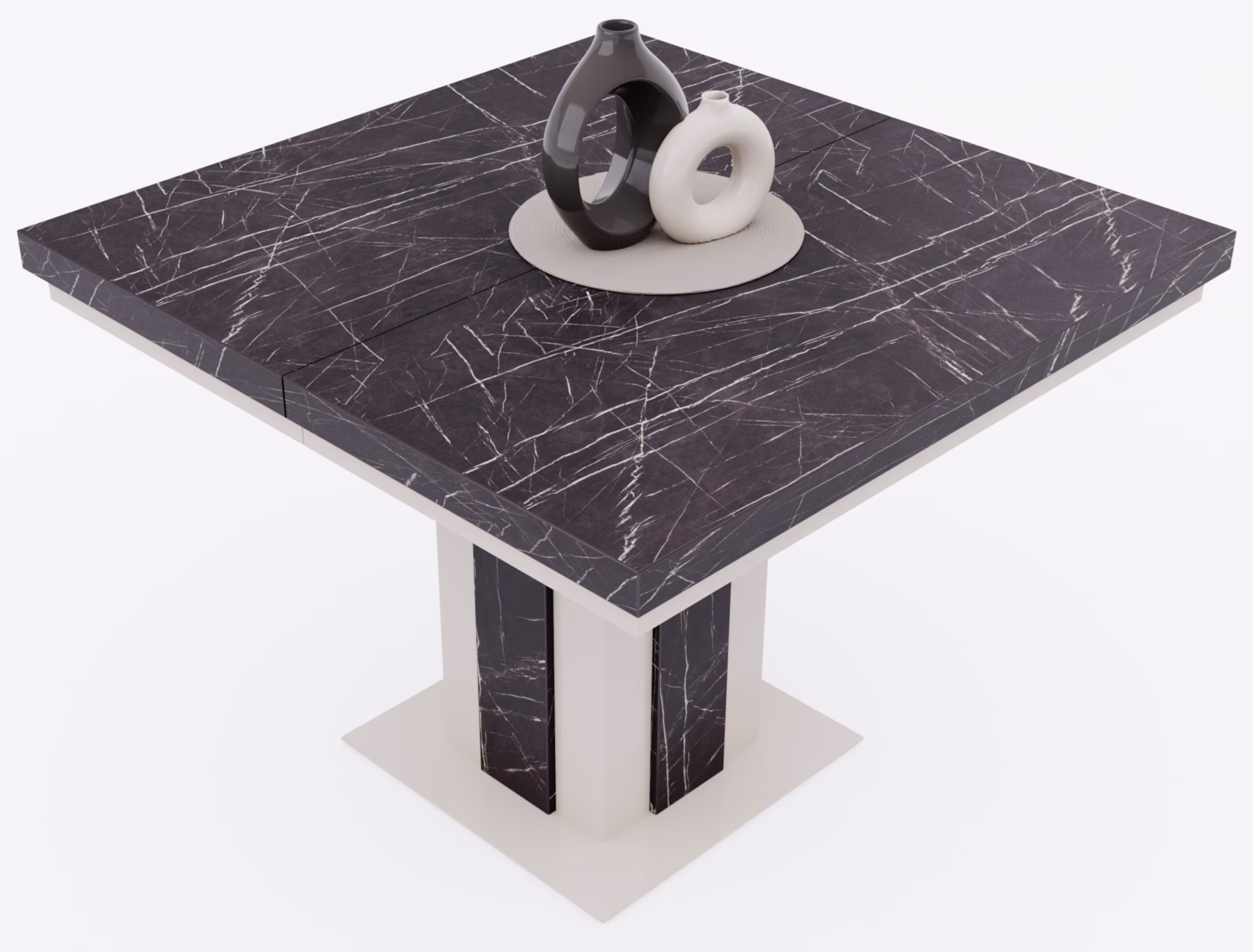 stół kwadratowy rozkładany fenix 4, blat black pietra grigia f206, nogi kaszmir, ujęcie na blat z daleka