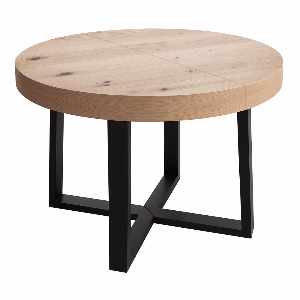stół okrągły loftowy xavier, nogi metalowe czarne, blat dębowy pogrubiony, styl loftowy, zdjęcie z przodu