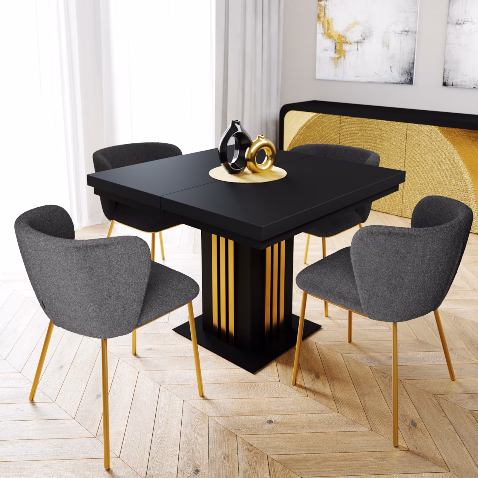 stół rozkładany kwadrat z lamelami, blat czarny, nogi w kolorze czarnym, złote lamele zdjęcie główne w aranżacji wnętrza