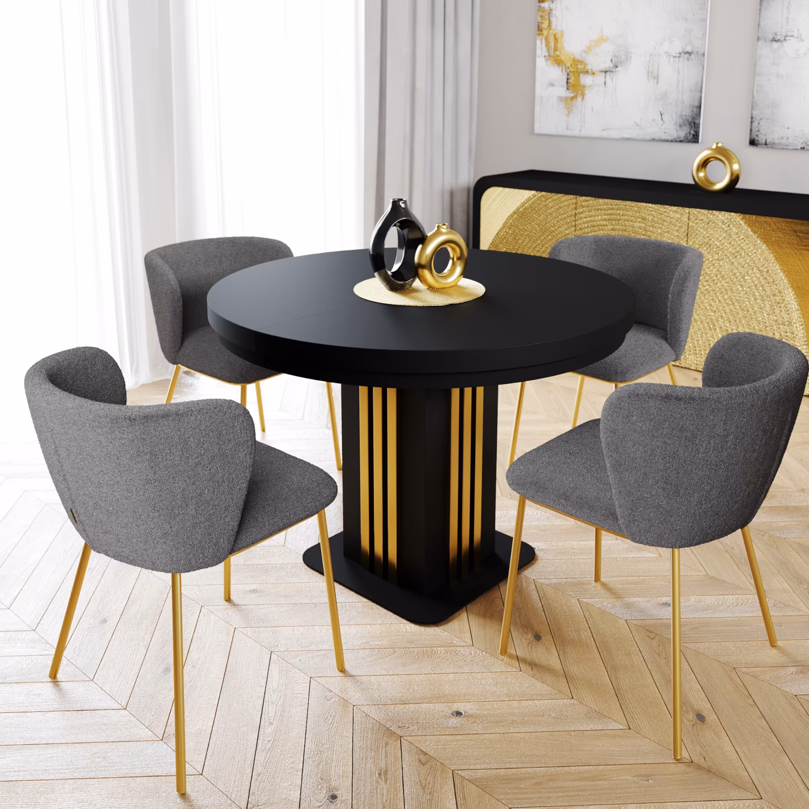 Stół okrągły rozkładany z lamelami, blat czarny, nogi w kolorze czarnym, złote lamele,ujęcie z przodu, zdjęcie główne w aranżacji wnętrza