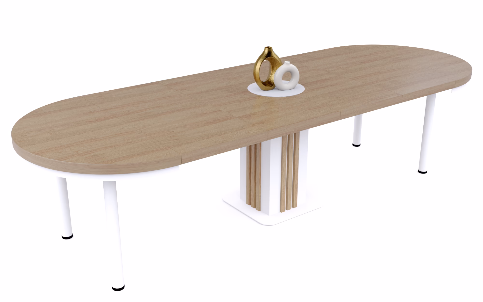 stół okrągły z lamelami, blat hikora naturalna, nogi w kolorze białym, zdjęcie rozłożonego