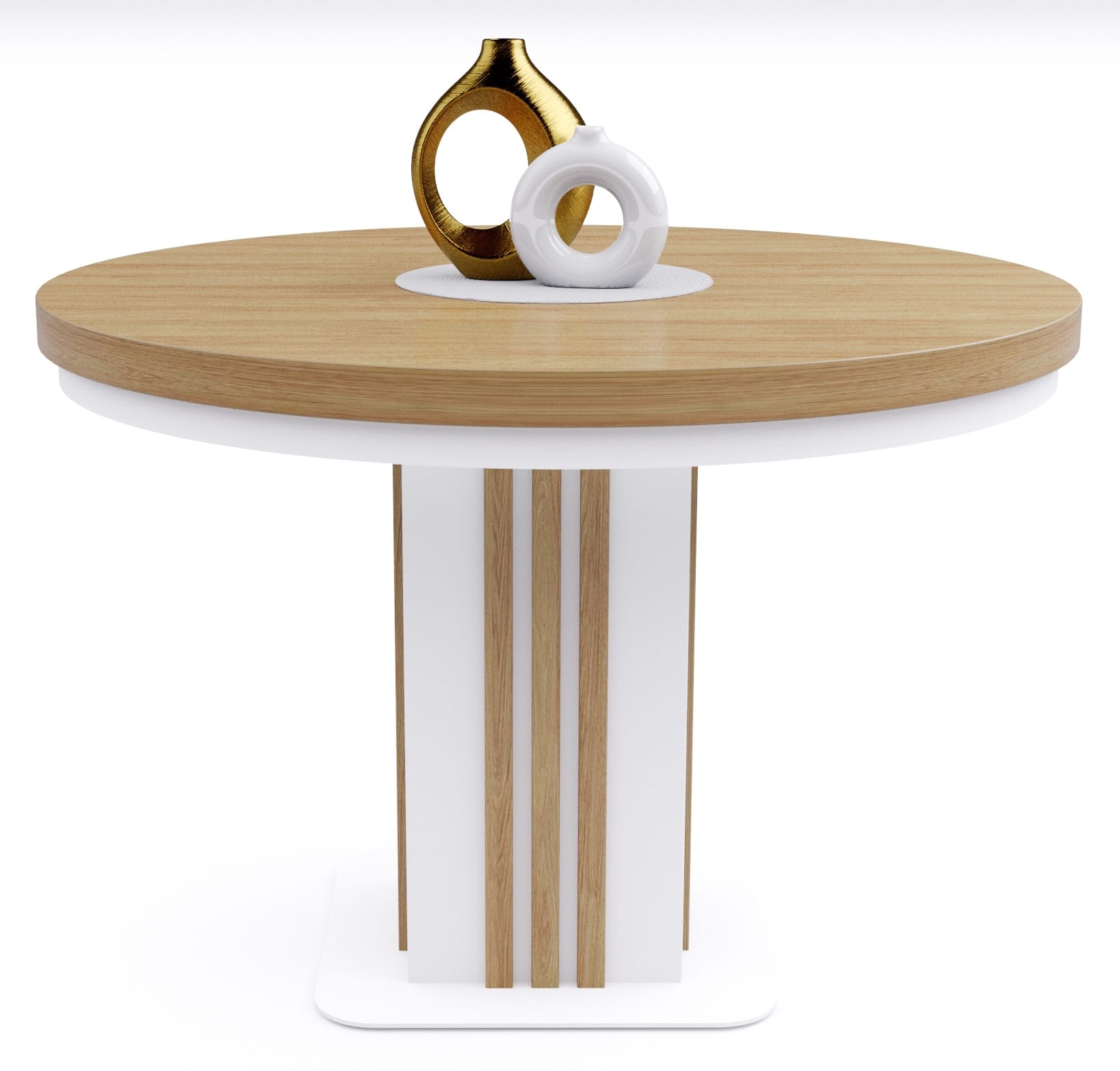 stół okrągły z lamelami, blat hikora naturalna, nogi w kolorze białym, ujęcie z boku
