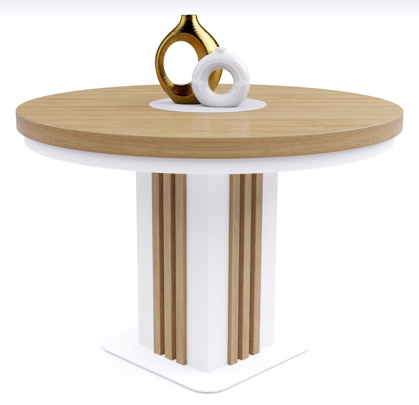 stół okrągły z lamelami, blat hikora naturalna, nogi w kolorze białym, ujęcie z przodu, zdjęcie główne