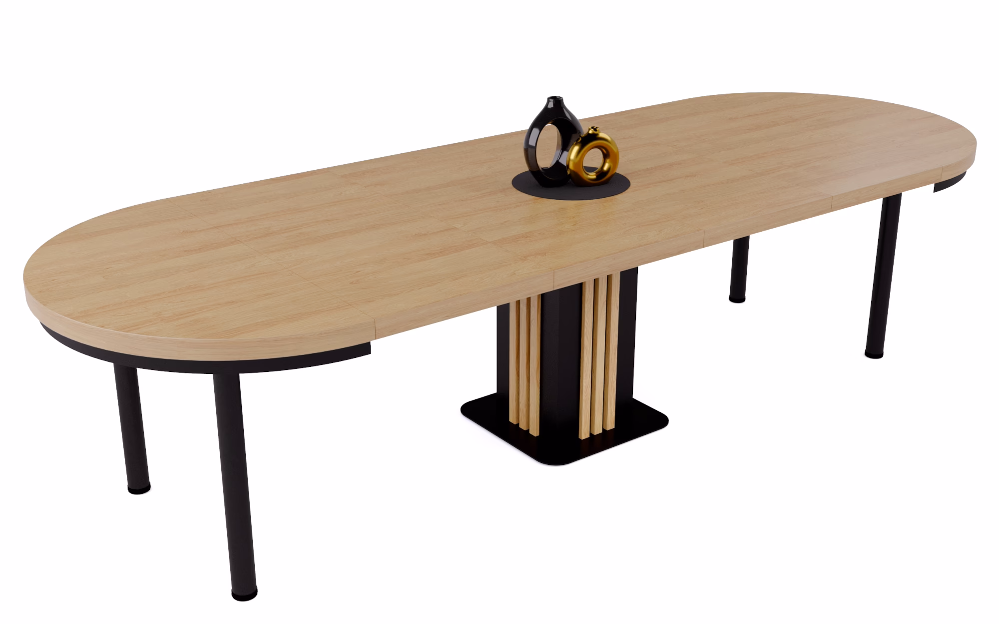 stół okrągły z lamelami, blat dąb hikora, nogi w kolorze czarnym, ujęcie rozłożonego.
