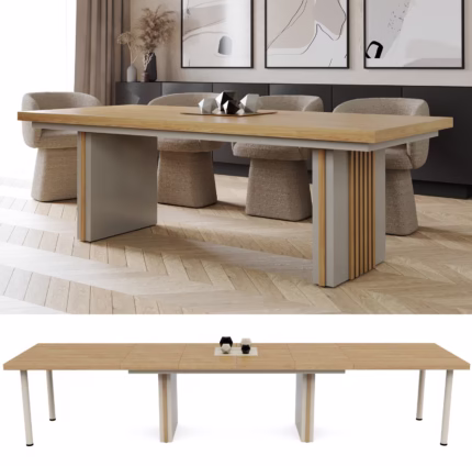 Stół do jadalni rozkładany Fenix 16, prostokątny, blat Dąb Hikora naturalna Egger, nogi kaszmir, zdjęcie główne w aranżacji wnętrza