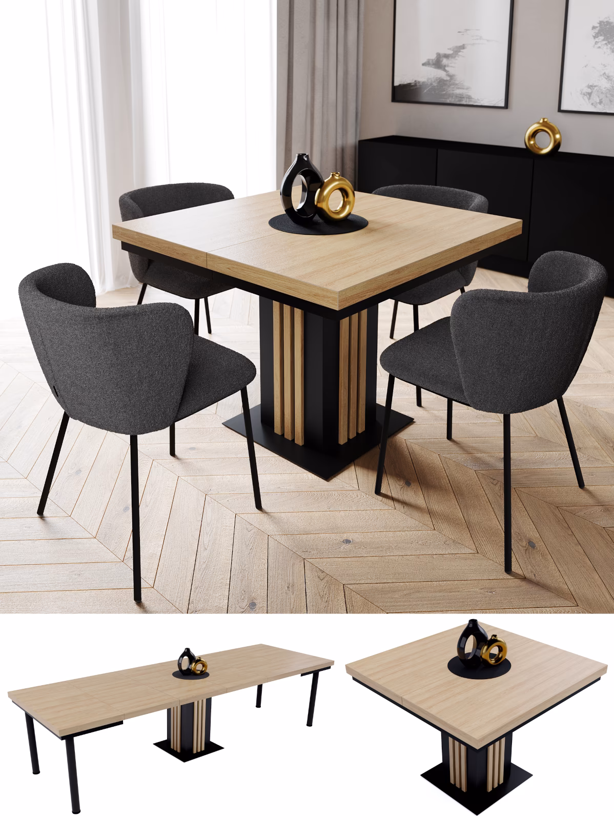 stół rozkładany kwadratowy, blat hikora naturalna, nogi w kolorze czarnym, zdjęcie główne w aranżacji wnętrza