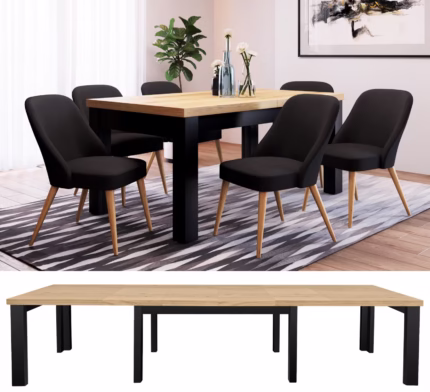 stół loftowy rozkładany Gigant z czarnymi nogami i dębowym blatem