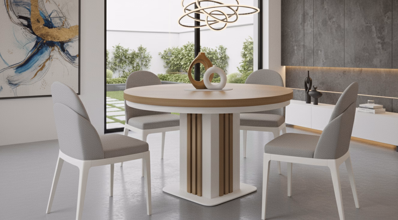 stół okrągły fenix 12 nogi białe, blat hikora naturalna w aranżacji wnętrza, zdjęcie kolejne