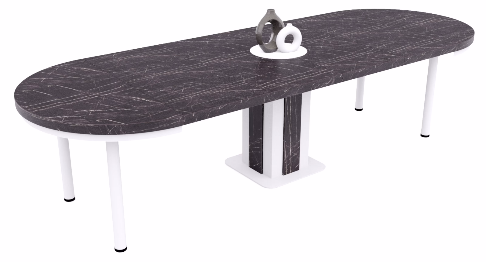 stół okrągły marmur fenix 4 blat grigia czarna nogi białe ujecie rozłożonego