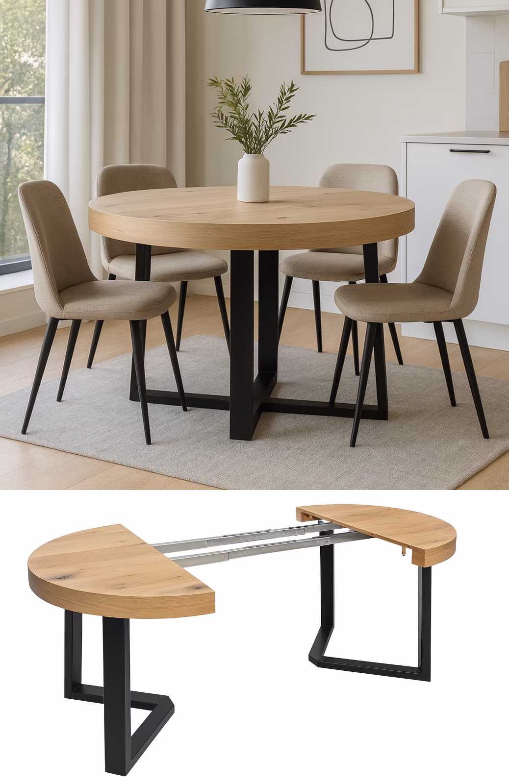 stół okrągły loftowy xavier, nogi metalowe czarne, blat dębowy pogrubiony, styl loftowy, zdjęcie główne, aranżacja we wnętrzu