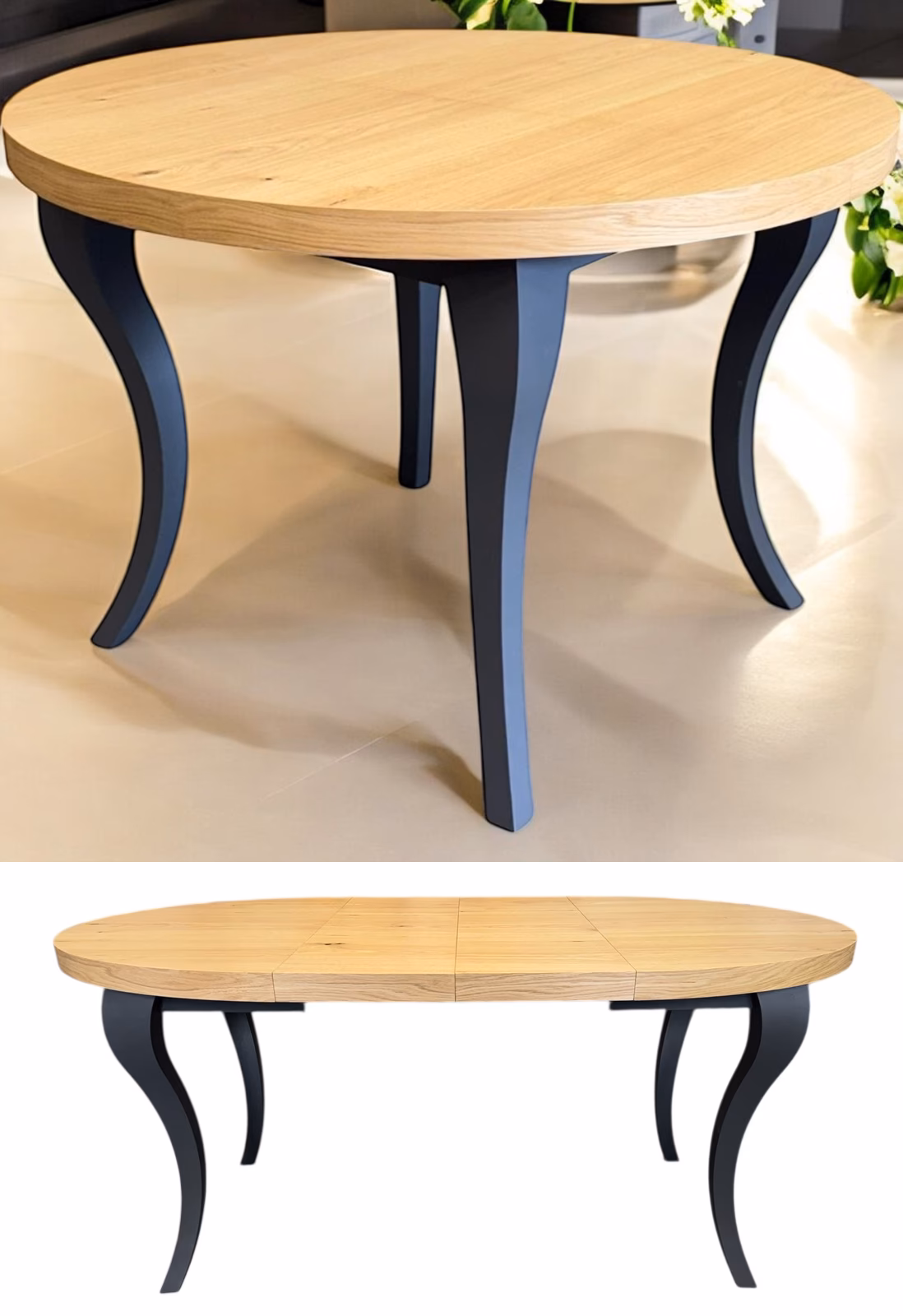 stół okrągły ludwik z czarnymi nogami i dębowym blatem w aranżacji wnętrza, zdjęcie główne