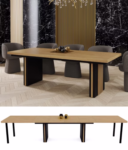 Stół z lamelami rozkładany Fenix 16 prostokątny, blat Dąb Hikora naturalna Egger, nogi czarne, zdjęcie główne w aranżacji wnętrza